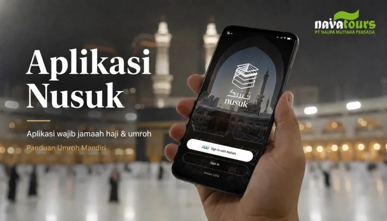 Aplikasi Nusuk di handphone dengan latar Masjidil Haram untuk panduan umroh mandiri