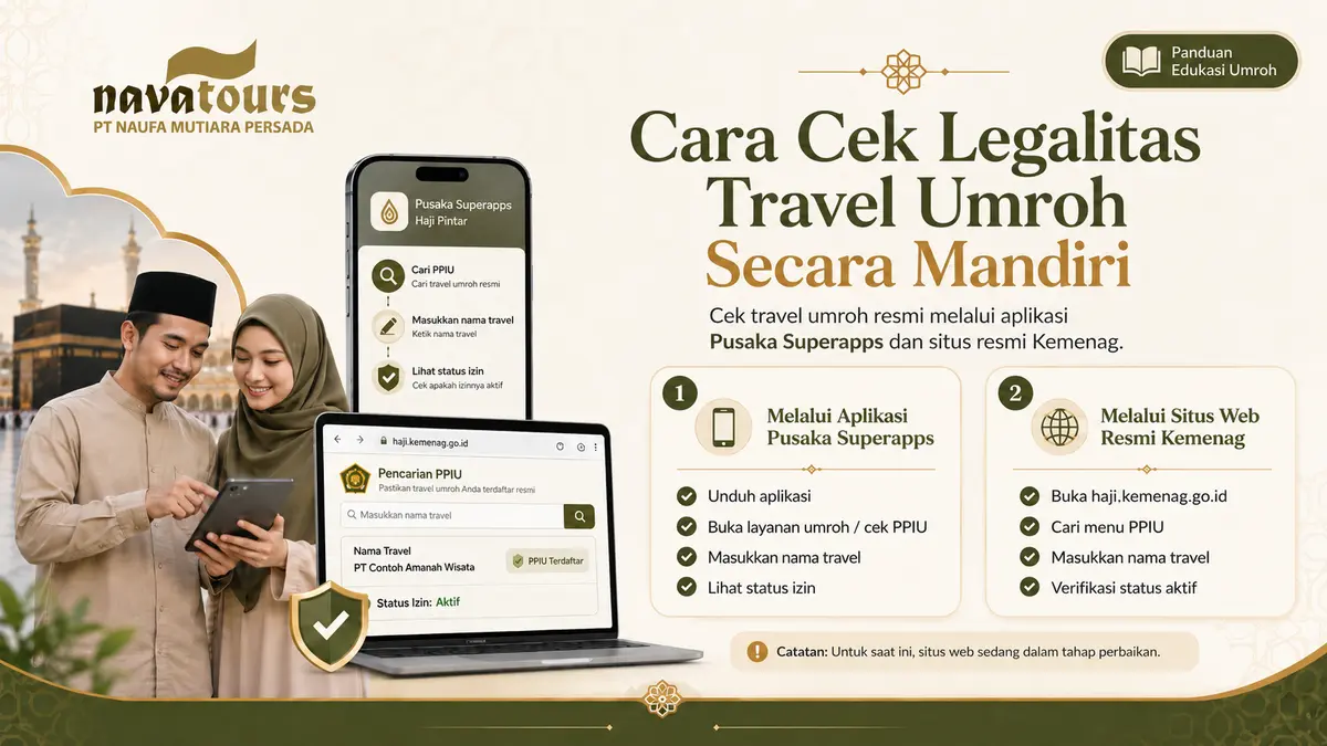 Cara cek legalitas travel umroh resmi Kemenag melalui Pusaka Superapps dan situs haji.kemenag.go.id bersama Nava Tours