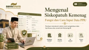 Ilustrasi artikel Mengenal Siskopatuh Kemenag tentang fungsi sistem, input data PPIU, ID jemaah, dan proses visa umroh bersama Nava Tours