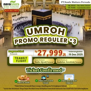 Promo umroh Desember 2025 reguler harga 27 jutaan transit flight