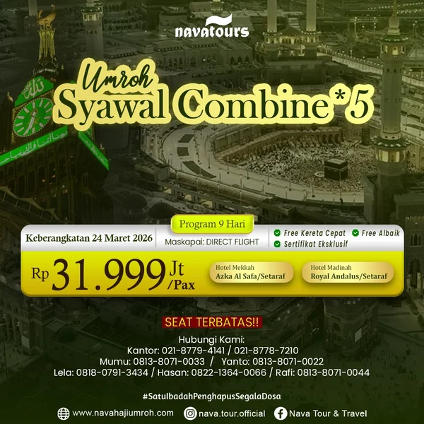 Paket umroh Syawal 2026 hotel bintang 5 harga 31 juta direct flight