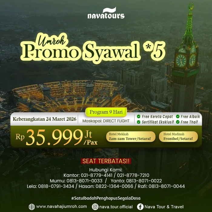 Paket umroh Syawal 2026 program 9 hari dengan hotel Zamzam Tower dari Nava Tour
