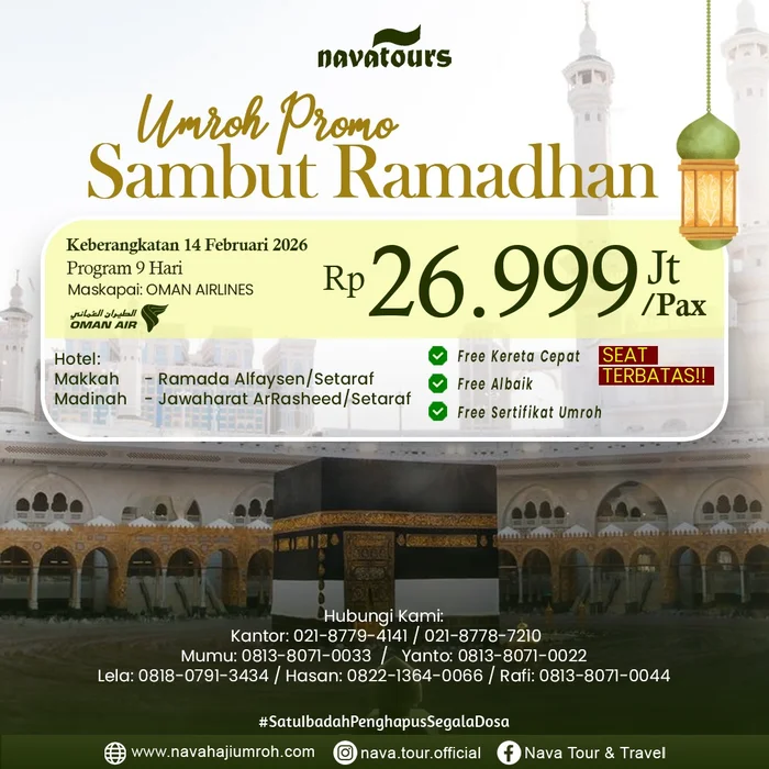 Promo umroh Februari 2026 harga 26 jutaan program 9 hari dari Nava Tour