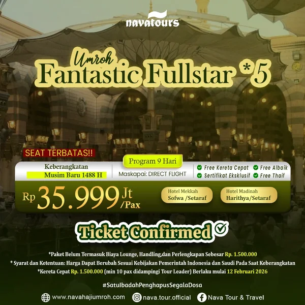 biaya umroh paket fullstar 5 bintang 9 hari direct flight Nava Tour harga 35 jutaan
