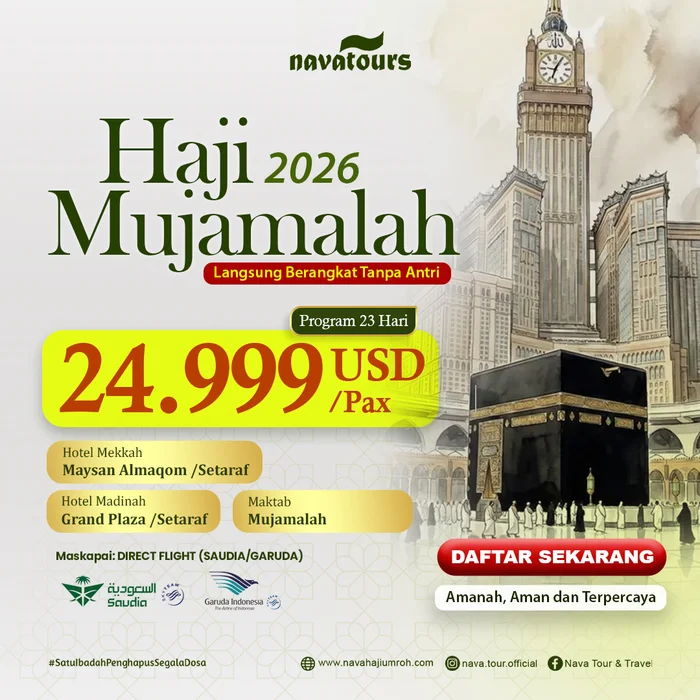 paket haji mujamalah 2026 langsung berangkat tanpa antri dengan latar Ka'bah Mekkah