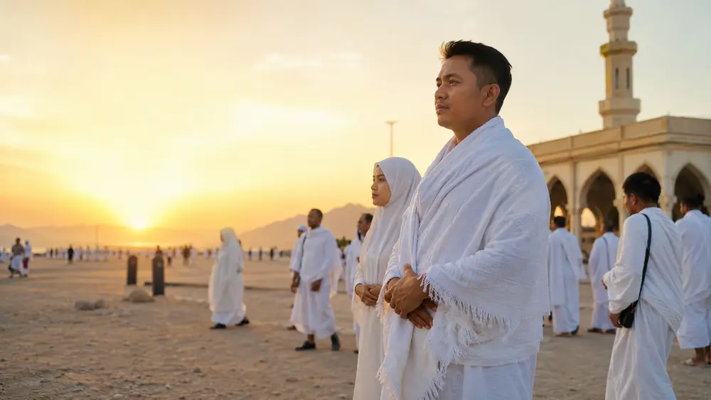 Jamaah umroh sedang melakukan miqat di Masjid Bir Ali (Dzulhulaifah), Madinah