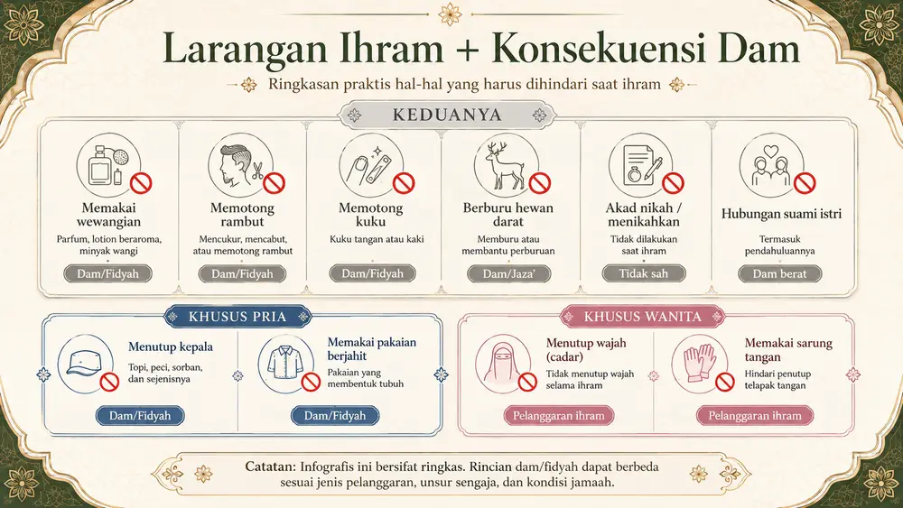 Infografis daftar larangan ihram dalam ibadah haji dan umroh beserta konsekuensi dam atau fidyah