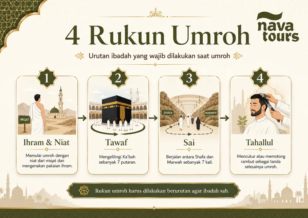 Infografis empat rukun umroh berurutan dari ihram dan niat, tawaf, sai, hingga tahallul