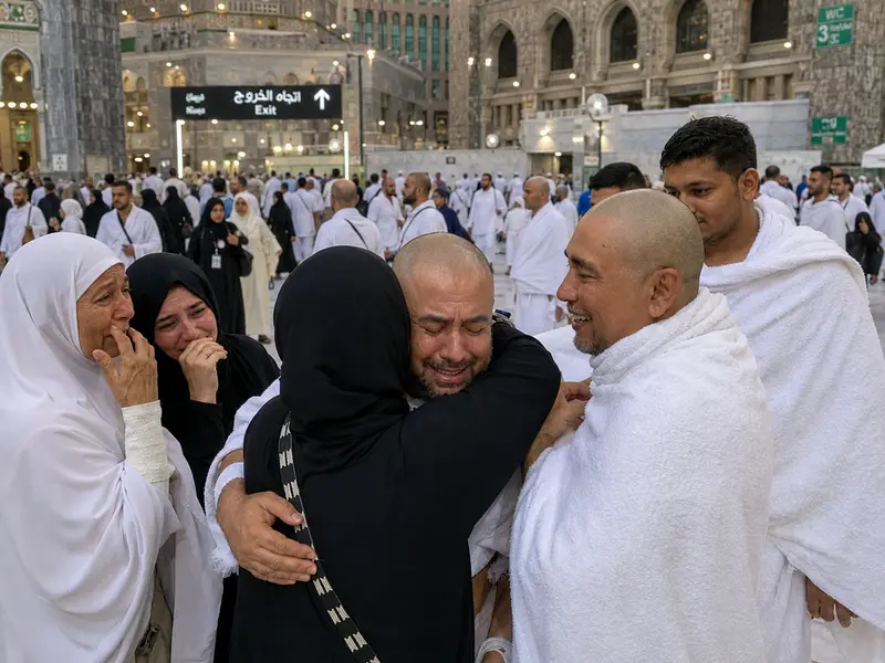 Jamaah umroh dengan ekspresi tenang dan haru setelah menyelesaikan proses tahallul di Tanah Suci