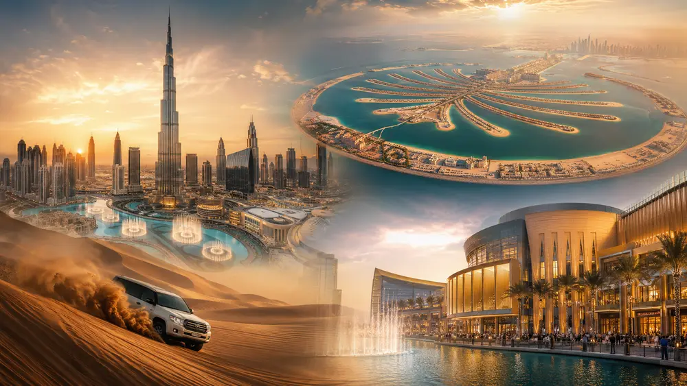 Kolase destinasi wisata ikonik Dubai: Burj Khalifa, Palm Jumeirah, desert safari, dan Dubai Mall
