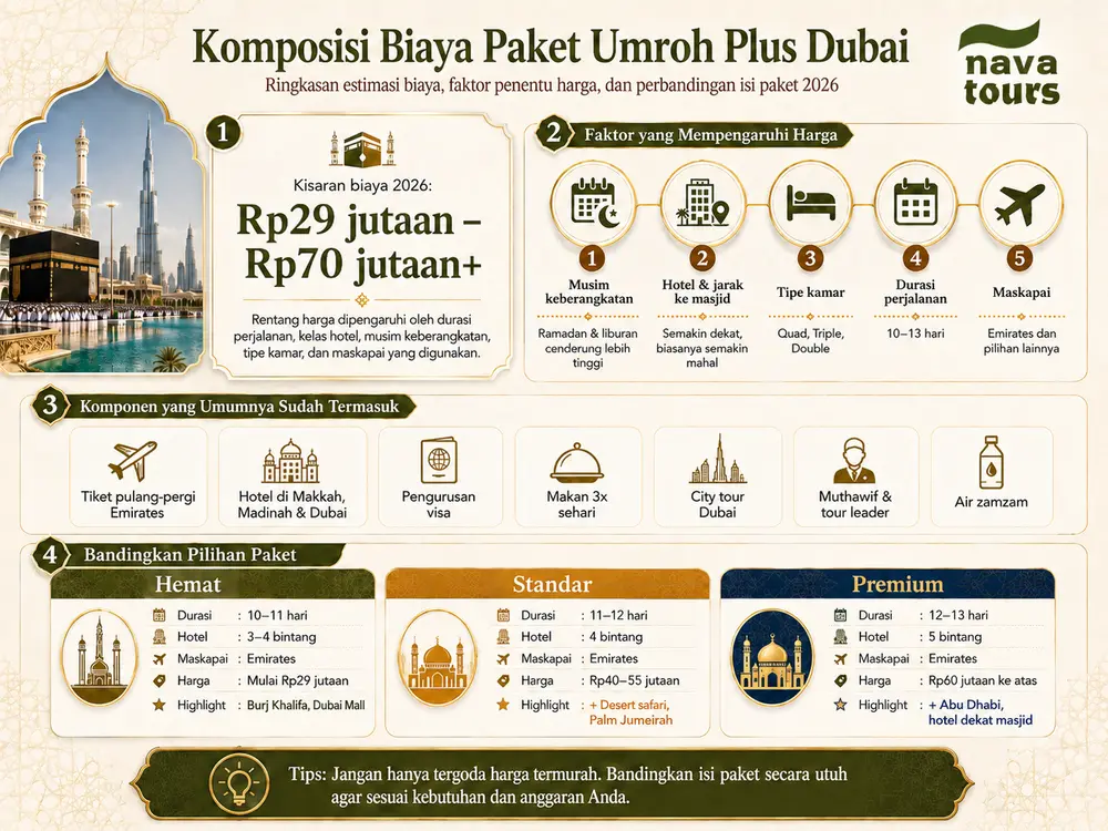 Infografis komposisi komponen biaya paket umroh plus Dubai