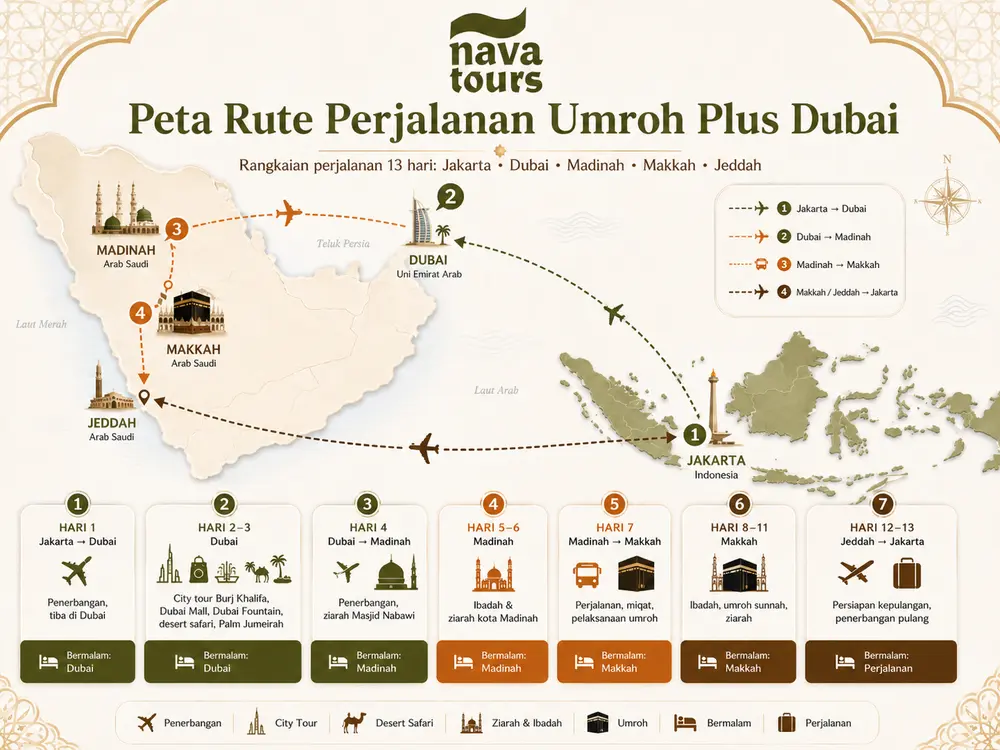 Peta rute perjalanan umroh plus Dubai dari Jakarta ke Dubai, Madinah, Makkah, dan Jeddah