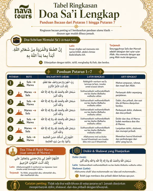 tabel ringkasan bacaan doa sa'i per putaran dari Safa ke Marwa
