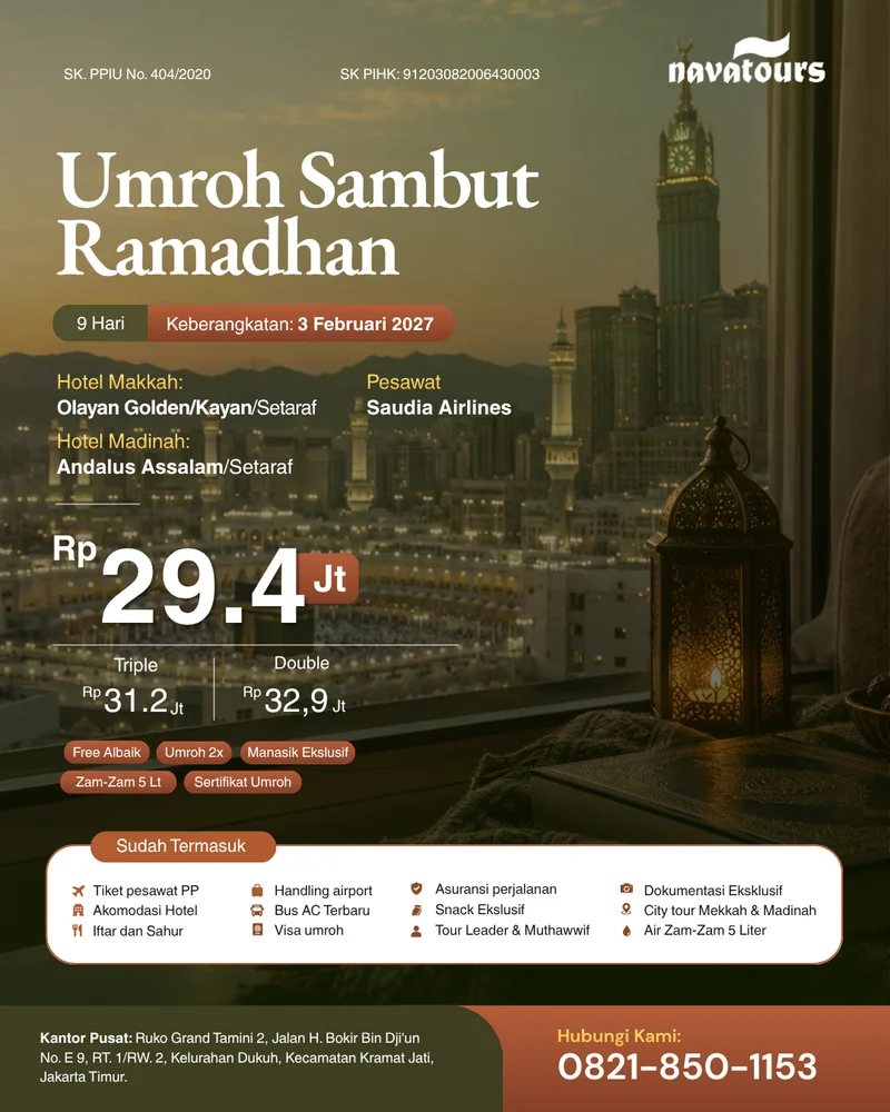Paket Umroh Sambut Ramadhan Nava Tour 3 Februari 2027 selama 9 hari dengan Saudia Airlines, harga mulai Rp29,4 juta.