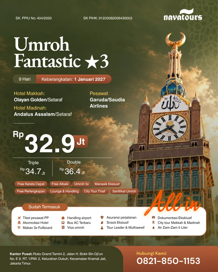 Paket Umroh Fantastic Bintang 3 Nava Tour keberangkatan 1 Januari 2027 selama 9 hari dengan Garuda atau Saudia Airlines, harga mulai Rp32,9 juta.