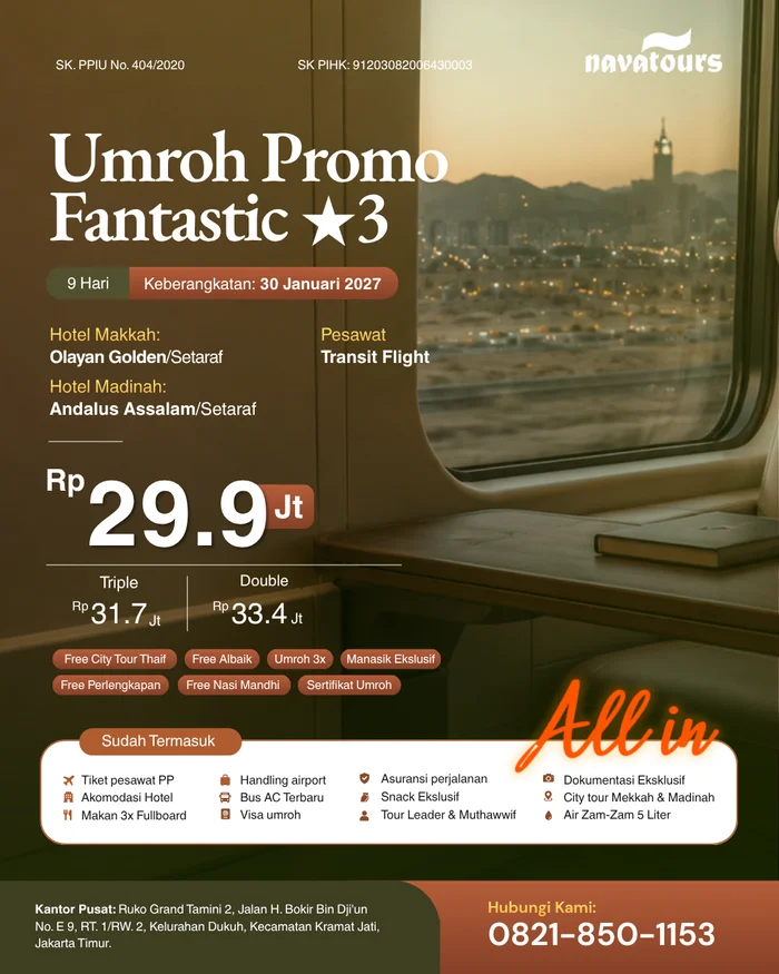 Flyer Paket Umroh Promo Fantastic Bintang 3 Nava Tour keberangkatan 30 Januari 2027, 9 hari dengan penerbangan transit, mulai Rp29,9 juta.